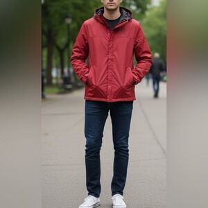 Tommy Hilfiger Red Hooded Windbreaker Jacket Small Lightweight Rain Coat